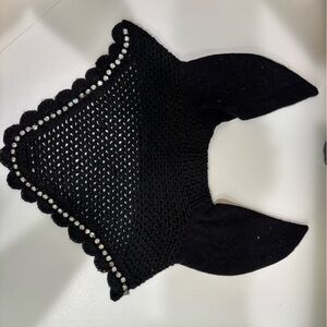 Black Crochet Horse Ear Bonnet with Rhinestones